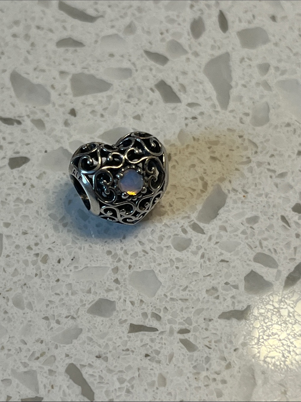 Pandora Silver Heart Filigree Charm with Opalescent Center birthday October